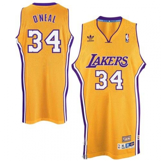 Men's Adidas Los Angeles Lakers 34 Shaquille O'Neal Swingman Gold Throwback NBA Jersey