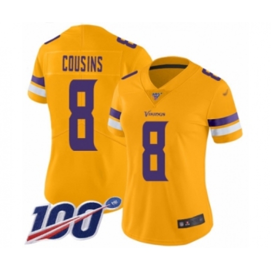 Women's Minnesota Vikings 8 Kirk Cousins Limited Gold Inverted Legend 100th Season Football Jersey
