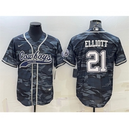 Men's Dallas Cowboys 21 Ezekiel Elliott Gray Camo With Patch Cool Base Stitched Baseball Jersey