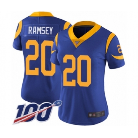 Women's Los Angeles Rams 20 Jalen Ramsey Royal Blue Alternate Vapor Untouchable Limited Player 100th Season Football Jersey