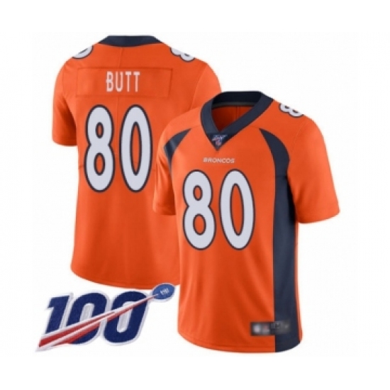 Men's Denver Broncos 80 Jake Butt Orange Team Color Vapor Untouchable Limited Player 100th Season Football Jersey