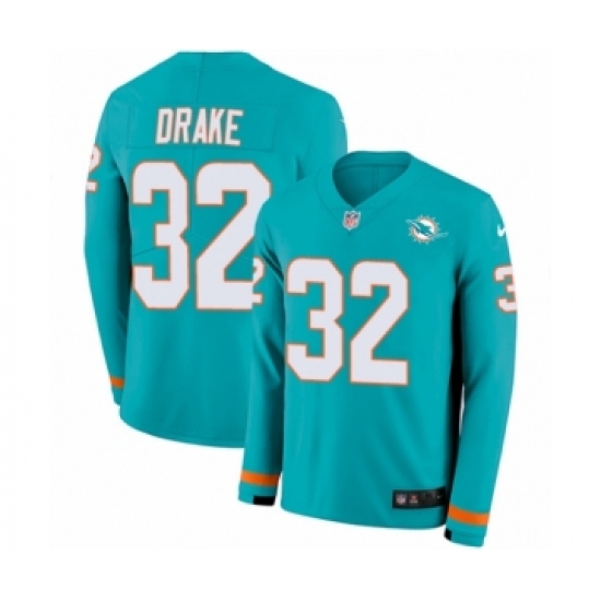 Men's Nike Miami Dolphins 32 Kenyan Drake Limited Aqua Therma Long Sleeve NFL Jersey