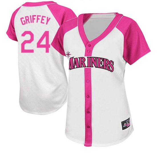 Women's Majestic Seattle Mariners 24 Ken Griffey Authentic White/Pink Splash Fashion MLB Jersey