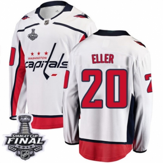 Men's Washington Capitals 20 Lars Eller Fanatics Branded White Away Breakaway 2018 Stanley Cup Final NHL Jersey
