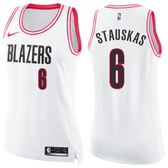 Women's Nike Portland Trail Blazers 6 Nik Stauskas Swingman White Pink Fashion NBA Jersey