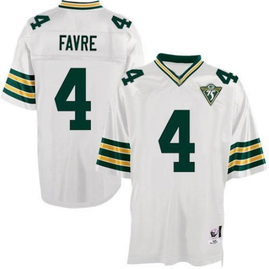 Mitchell and Ness Green Bay Packers 4 Brett Favre Authentic White With 75th Patch Throwback NFL Jersey
