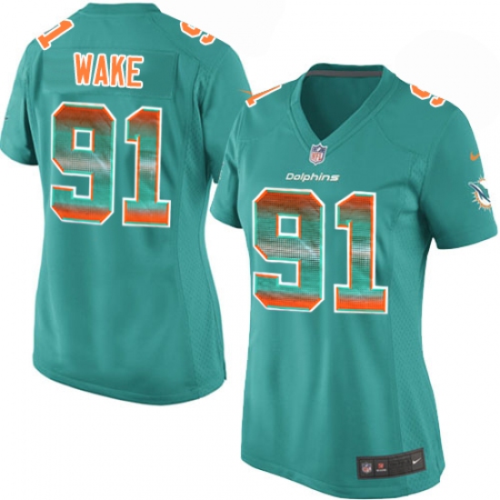 Women's Nike Miami Dolphins 91 Cameron Wake Limited Aqua Green Strobe NFL Jersey