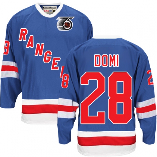 Men's CCM New York Rangers 28 Tie Domi Authentic Royal Blue 75TH Throwback NHL Jersey
