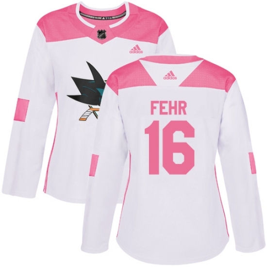 Women's Adidas San Jose Sharks 16 Eric Fehr Authentic White Pink Fashion NHL Jersey