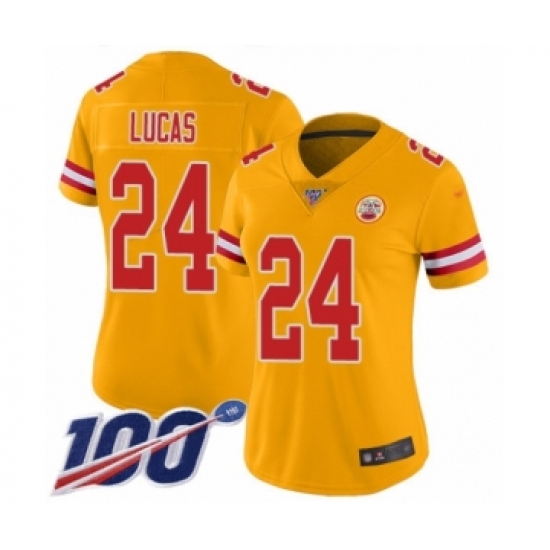 Women's Kansas City Chiefs 24 Jordan Lucas Limited Gold Inverted Legend 100th Season Football Jersey
