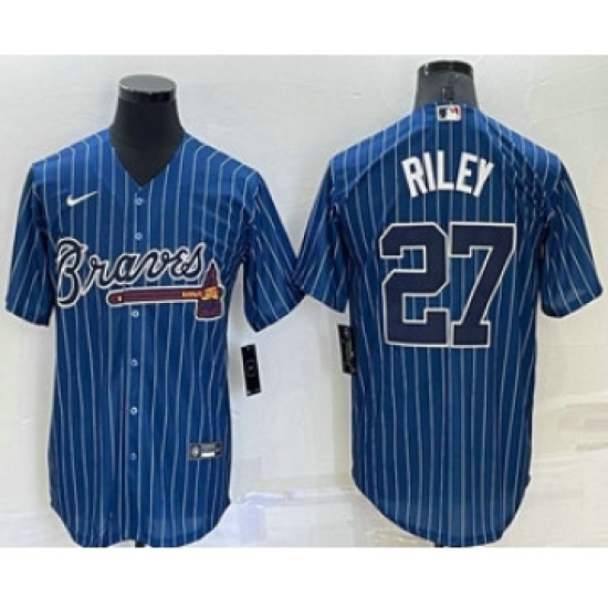 Men's Atlanta Braves 27 Austin Riley Navy Blue Pinstripe Stitched MLB Cool Base Nike Jersey