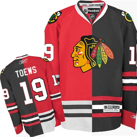 Men's Reebok Chicago Blackhawks 19 Jonathan Toews Authentic Red/Black Split Fashion NHL Jersey