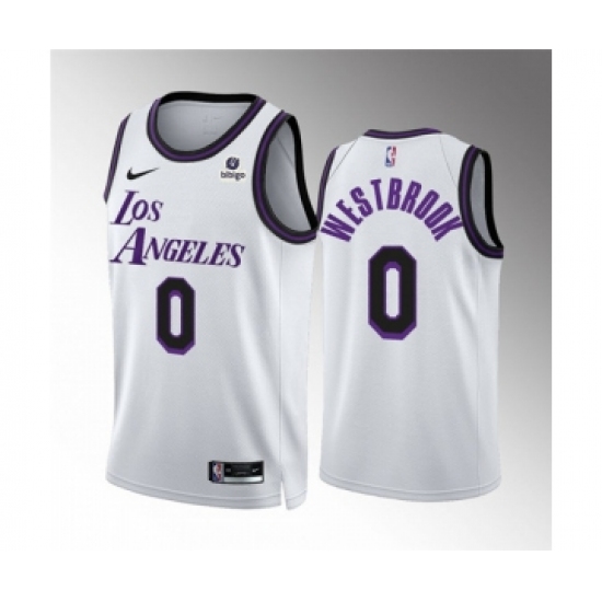 Men's Los Angeles Lakers 0 Russell Westbrook White City Edition Stitched Basketball Jersey