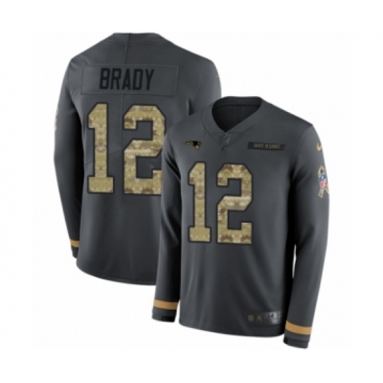Men's Nike New England Patriots 12 Tom Brady Limited Black Salute to Service Therma Long Sleeve NFL Jersey
