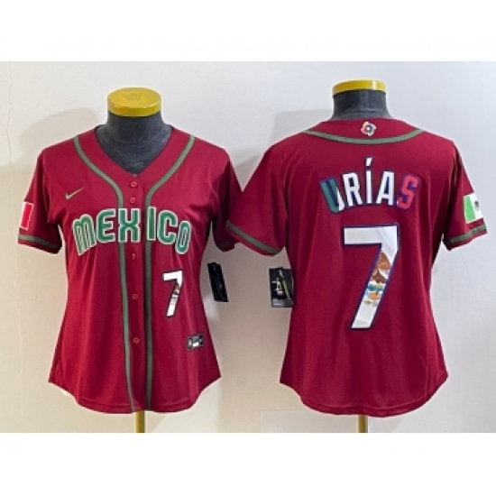 Women's Mexico Baseball 7 Julio Urias Number 2023 Red World Baseball Classic Stitched Jersey8
