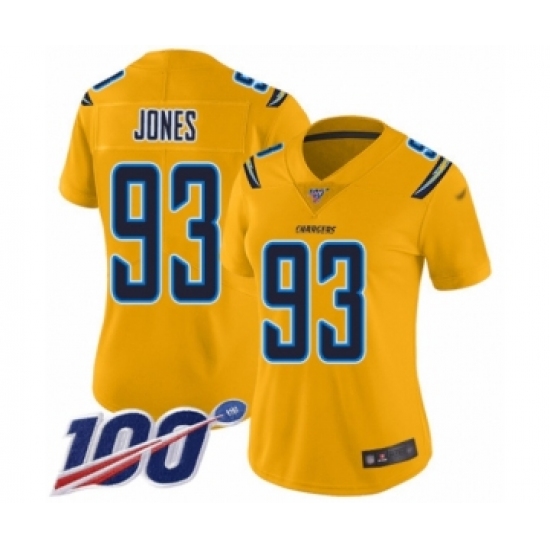 Women's Los Angeles Chargers 93 Justin Jones Limited Gold Inverted Legend 100th Season Football Jersey
