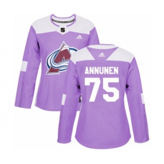 Women's Adidas Colorado Avalanche 75 Justus Annunen Authentic Purple Fights Cancer Practice NHL Jersey