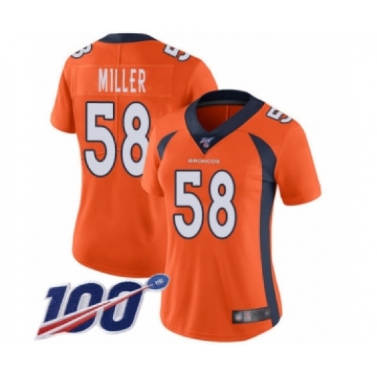 Women's Nike Denver Broncos 58 Von Miller Orange Team Color Vapor Untouchable Limited Player 100th Season NFL Jersey