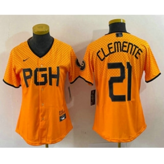 Women's Pittsburgh Pirates 21 Roberto Clemente Yellow 2023 City Connect Stitched Jersey