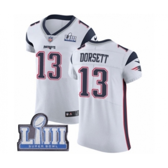 Men's Nike New England Patriots 13 Phillip Dorsett White Vapor Untouchable Elite Player Super Bowl LIII Bound NFL Jersey