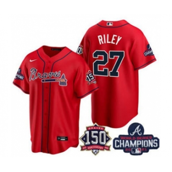 Men's Atlanta Braves 27 Austin Riley 2021 Red World Series Champions With 150th Anniversary Patch Cool Base Stitched Jersey