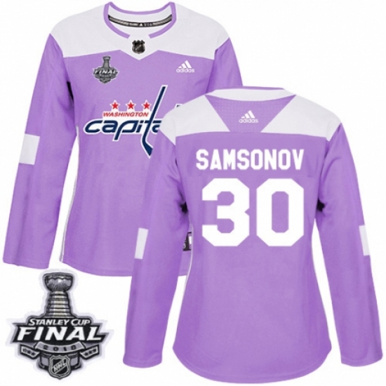 Women's Adidas Washington Capitals 30 Ilya Samsonov Authentic Purple Fights Cancer Practice 2018 Stanley Cup Final NHL Jersey