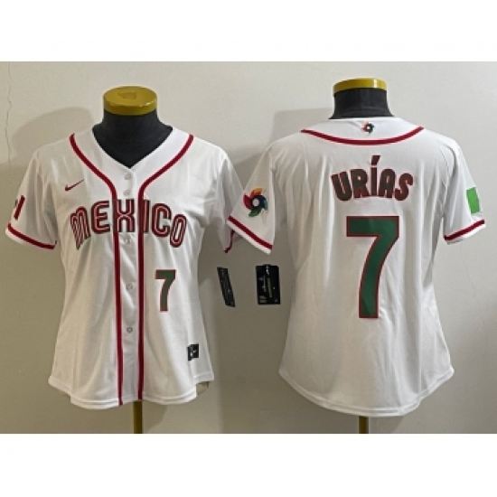 Women's Mexico Baseball 7 Julio Urias Number 2023 White World Classic Stitched Jersey7