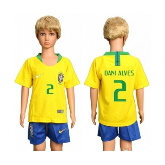 Brazil 2 Dani Alves Home Kid Soccer Country Jersey