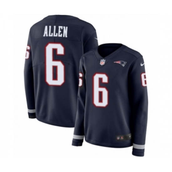 Women's Nike New England Patriots 6 Ryan Allen Limited Navy Blue Therma Long Sleeve NFL Jersey