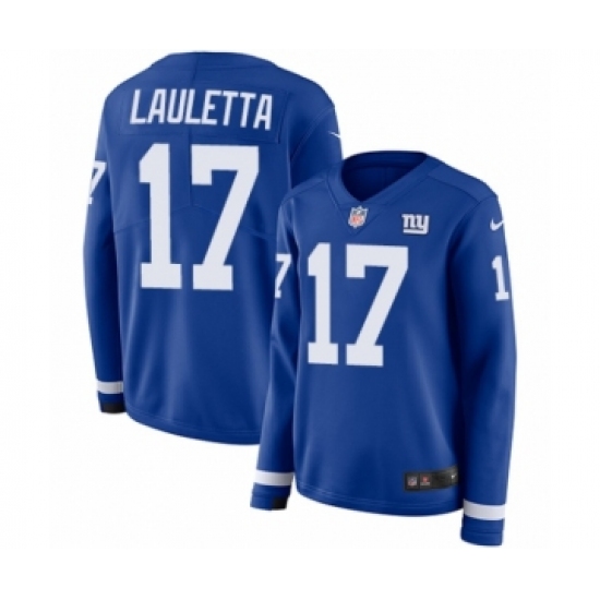 Women's Nike New York Giants 17 Kyle Lauletta Limited Royal Blue Therma Long Sleeve NFL Jersey
