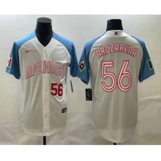 Men's Mexico Baseball 56 Randy Arozarena Number 2023 White Blue World Classic Stitched Jersey1