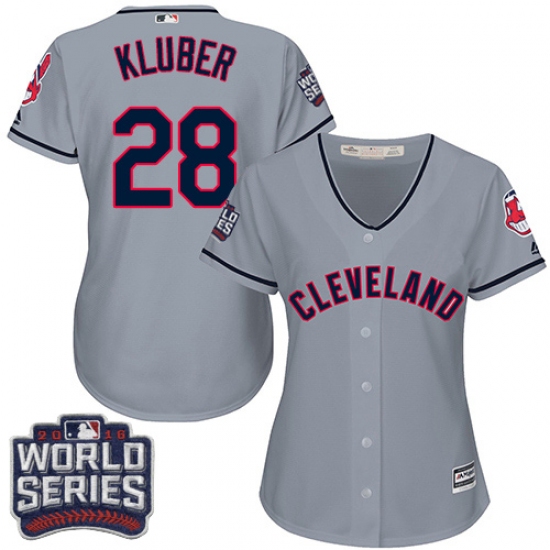 Women's Majestic Cleveland Indians 28 Corey Kluber Authentic Grey Road 2016 World Series Bound Cool Base MLB Jersey