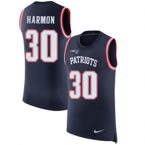 Men's Nike New England Patriots 30 Duron Harmon Limited Navy Blue Rush Player Name & Number Tank Top NFL Jersey