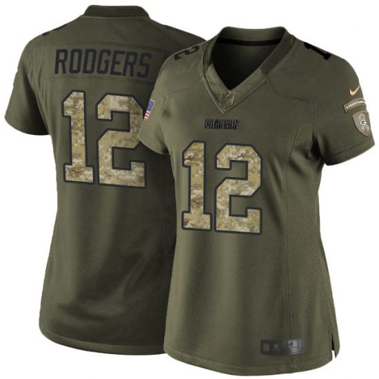 Women's Nike Green Bay Packers 12 Aaron Rodgers Elite Green Salute to Service NFL Jersey