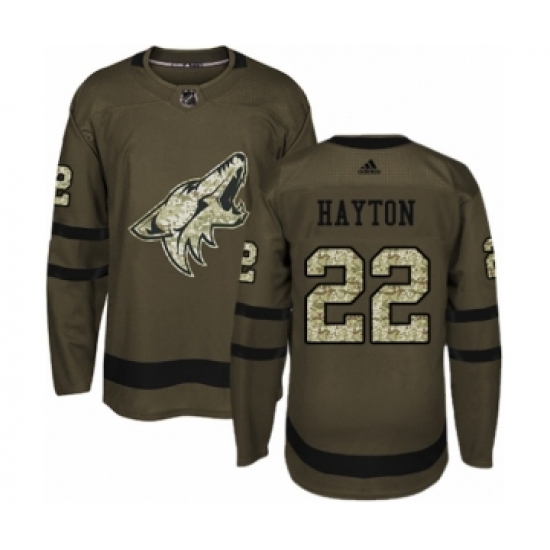 Men's Adidas Arizona Coyotes 22 Barrett Hayton Authentic Green Salute to Service NHL Jersey