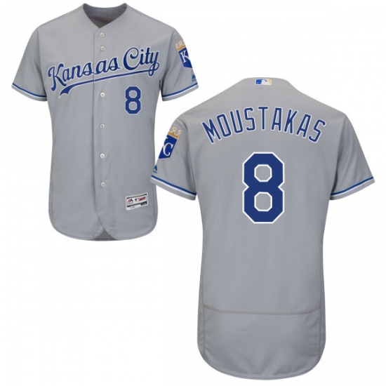 Men's Majestic Kansas City Royals 8 Mike Moustakas Grey Road Flex Base Authentic Collection MLB Jersey
