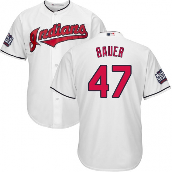 Youth Majestic Cleveland Indians 47 Trevor Bauer Authentic White Home 2016 World Series Bound Cool Base MLB Jersey