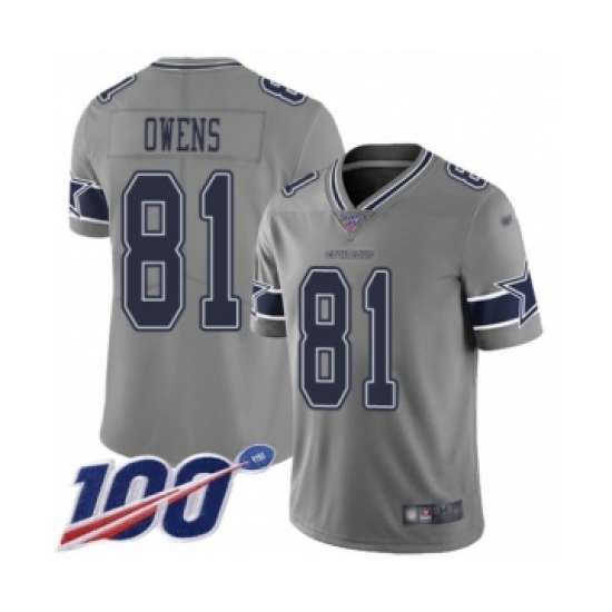 Men's Dallas Cowboys 81 Terrell Owens Limited Gray Inverted Legend 100th Season Football Jersey