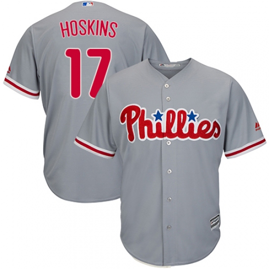 Youth Majestic Philadelphia Phillies 17 Rhys Hoskins Authentic Grey Road Cool Base MLB Jersey