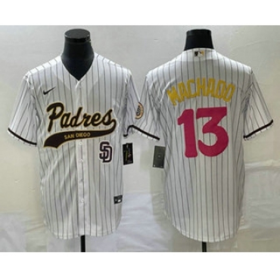 Men's San Diego Padres 13 Manny Machado White Pinstripe 2023 City Connect Cool Base Stitched Jersey 1