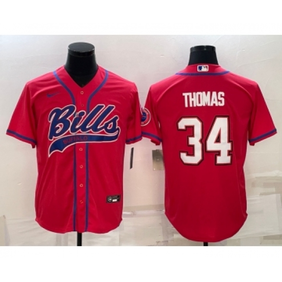 Men's Buffalo Bills 34 Thurman Thomas Red With Patch Cool Base Stitched Baseball Jersey