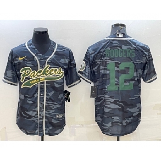 Men's Green Bay Packers 12 Aaron Rodgers Grey Green Camo With Patch Cool Base Stitched Baseball Jersey