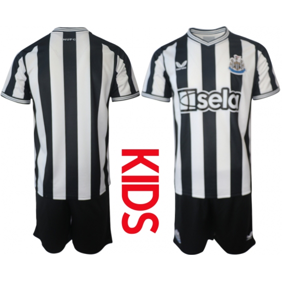 Kids Newcastle United Blank 2023-24 White Stripe Home Soccer Jersey
