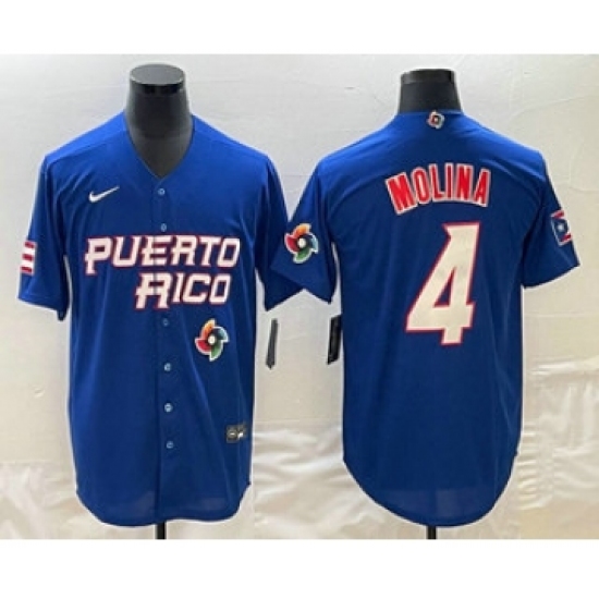 Men's Puerto Rico Baseball 4 Yadier Molina 2023 Blue World Baseball Classic Stitched Jersey