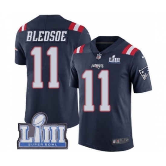Men's Nike New England Patriots 11 Drew Bledsoe Limited Navy Blue Rush Vapor Untouchable Super Bowl LIII Bound NFL Jersey