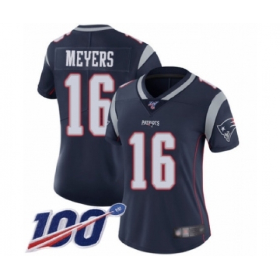 Women's New England Patriots 16 Jakobi Meyers Navy Blue Team Color Vapor Untouchable Limited Player 100th Season Football Jersey
