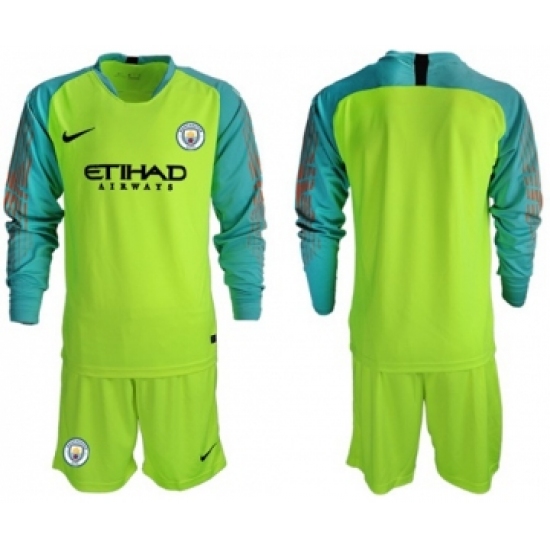Manchester City Blank Shiny Green Goalkeeper Long Sleeves Soccer Club Jersey