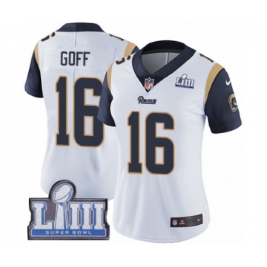 Women's Nike Los Angeles Rams 16 Jared Goff White Vapor Untouchable Limited Player Super Bowl LIII Bound NFL Jersey
