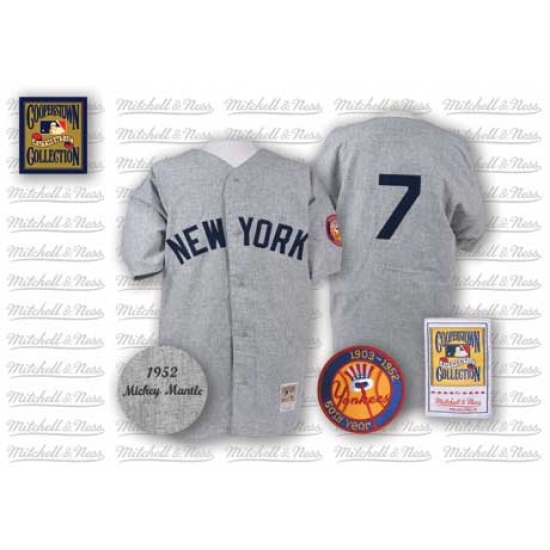 Men's Mitchell and Ness 1952 New York Yankees 7 Mickey Mantle Authentic Grey Throwback MLB Jersey