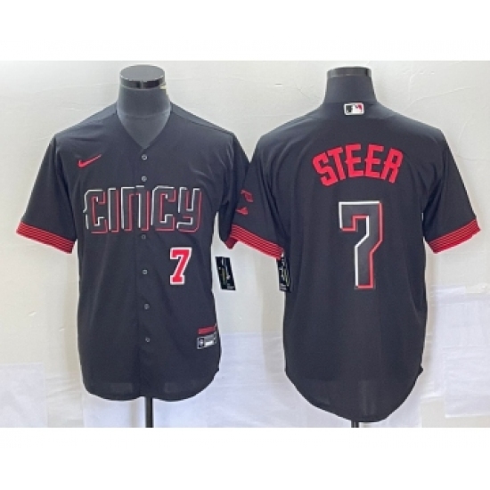 Men's Nike Cincinnati Reds 7 Spencer Steer Numer Black 2023 City Connect Cool Base Stitched Baseball Jersey